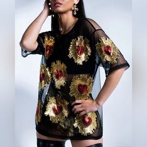 Queen of Hearts Embellished Mesh Shirt